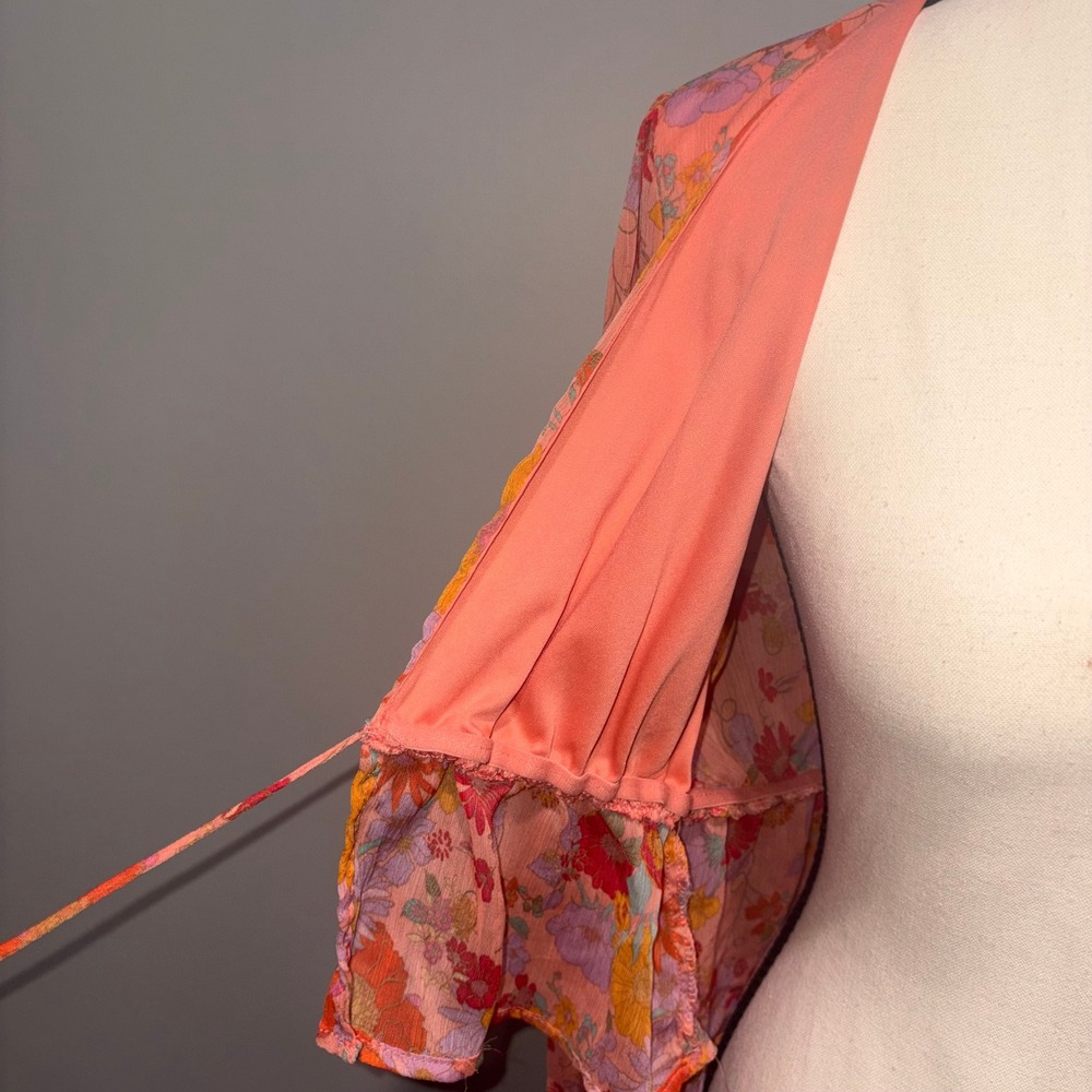 Floral Bell Sleeve Tie Front Boho Festival Top Womens Size Medium Orange - Picture 6 of 11
